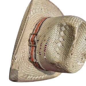 Men's Beige Straw Hat with Orange and Cream Band